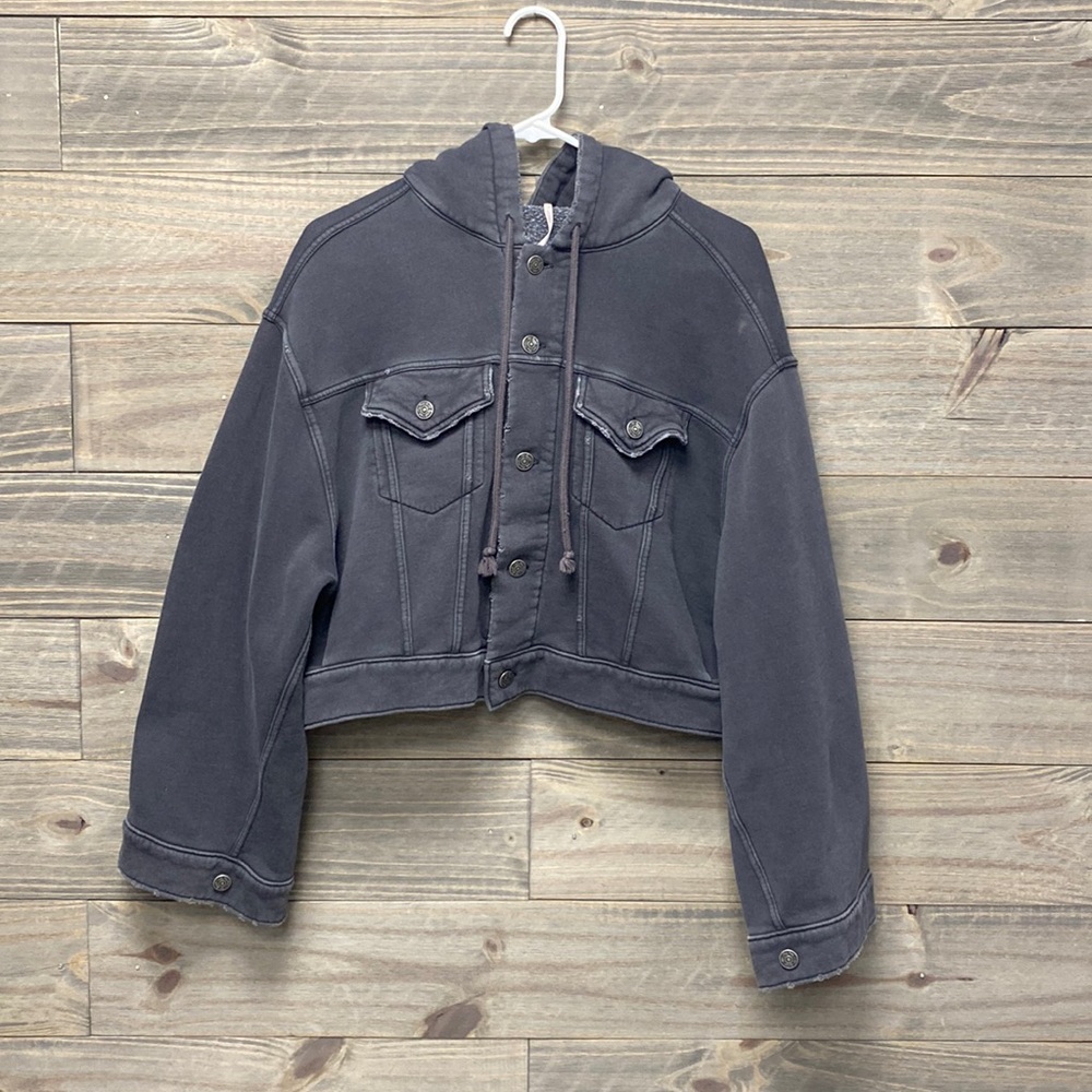 Free People Jacket Womens S Grey Cropped Dreamer Hoodie Sweatshirt Big Sleeve